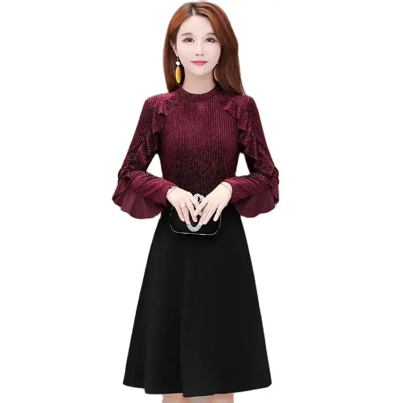 

Spring Summer Mid-Long Pleuche Dress Women 2024 New Fake Two Pieces Dresses Fashion Falbala Patchwork Loose A-Line Skirt Female