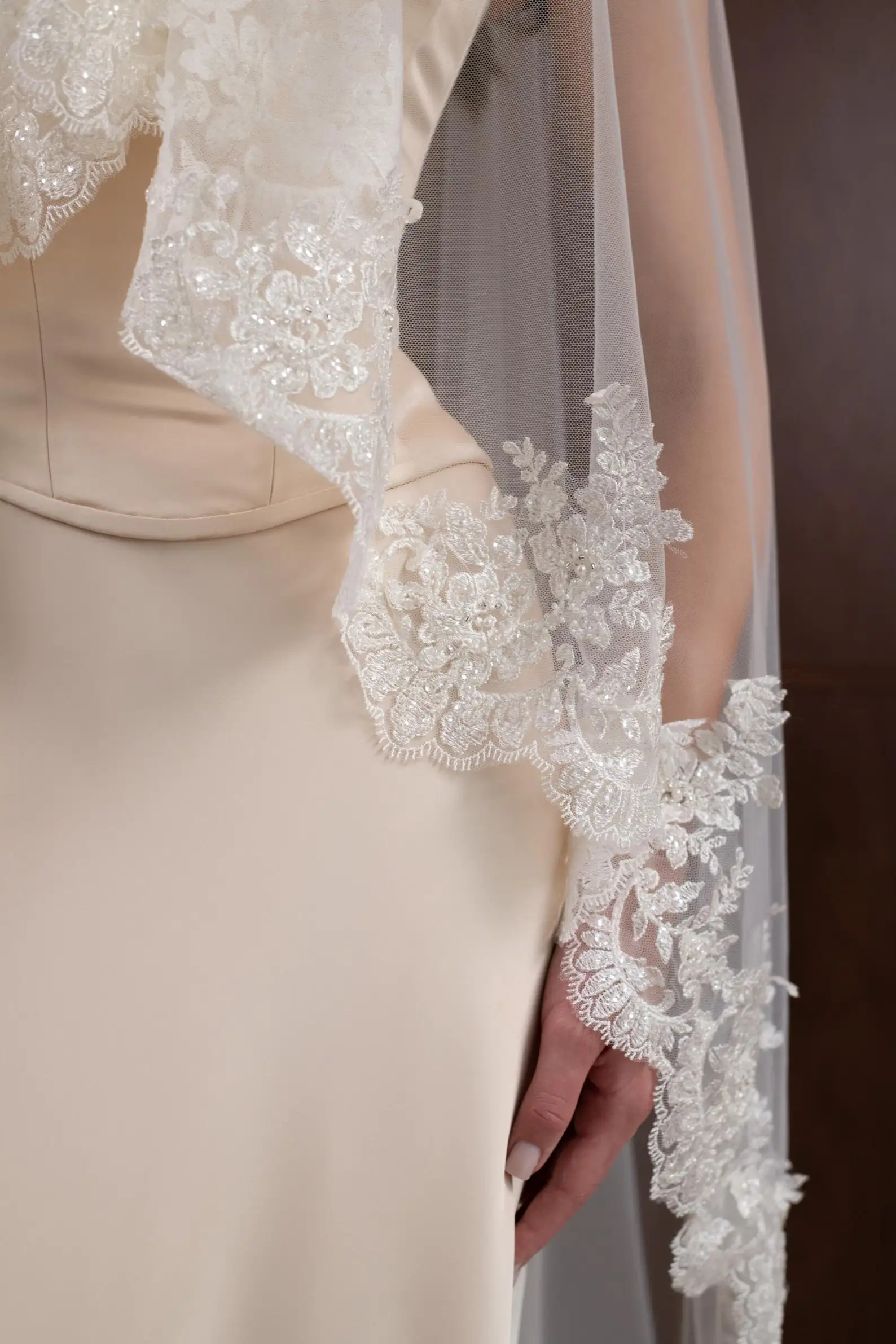 Handmade Cathedral Pearl Wedding Veil with Beaded Lace Edge Elegant Long Bridal Veil Designer Romantic Wedding Accessories
