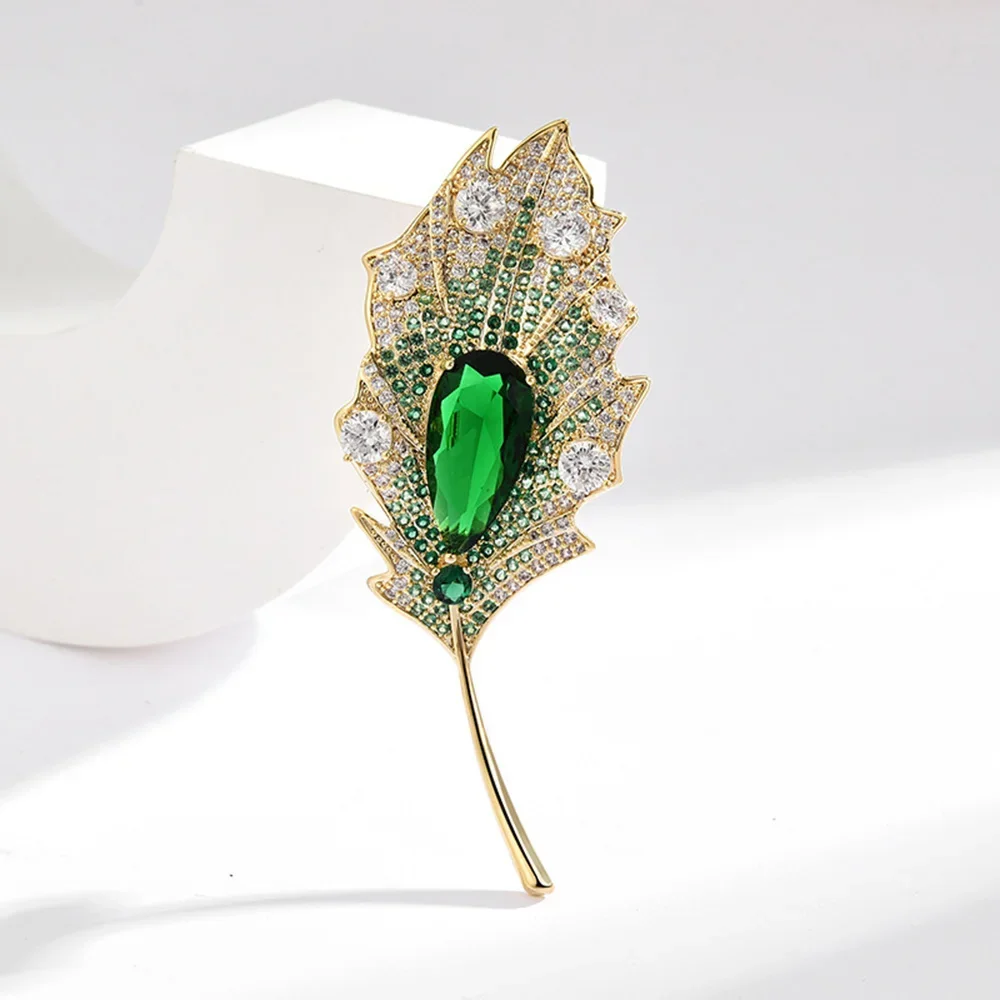 

Модная брошь в виде растения с кристаллами для женщин, инкрустированная цирконом, перо, лист, броши, значки, одежда, пальто, ювелирные изделия, аксессуары