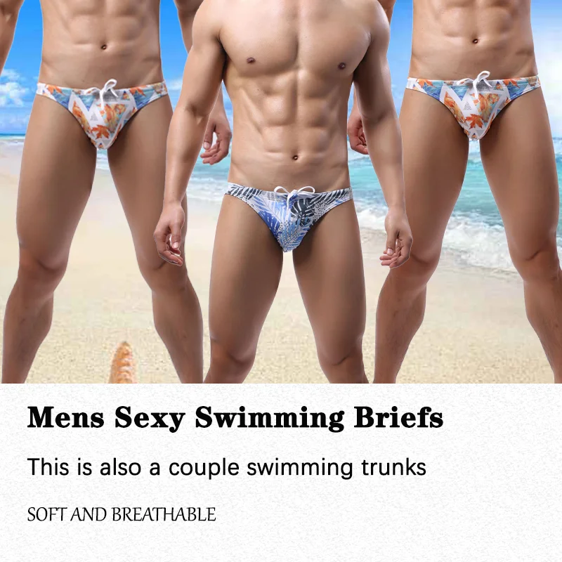 Heavywood Men's Sexy Swimwear Briefs Beach Surfing Swimming Trunks Quick Dry Swimsuit Drawstring Breathable Swim Shorts Male