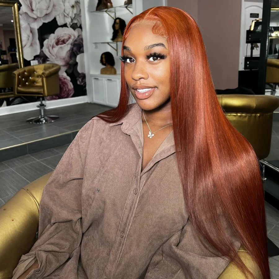 34 Inch 200% Ginger Orange Color 13X4 HD Transparent Lace Frontal Wigs Bone Straight Brazilian Pre Plucked With Baby Hair