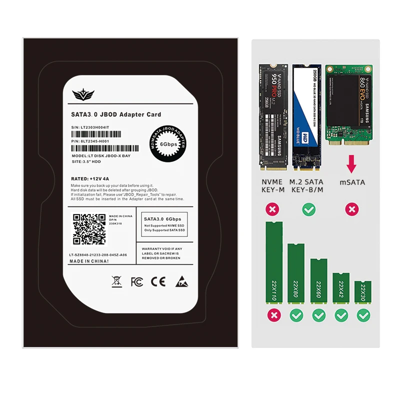 B + M مفتاح M.2 SATA SSD إلى 3.5 "SATA3.0 6Gb JBOD بطاقة محول 4/5 منفذ M2 NGFF إلى صندوق محول SATA مع مقبس الضميمة حافظة معدنية