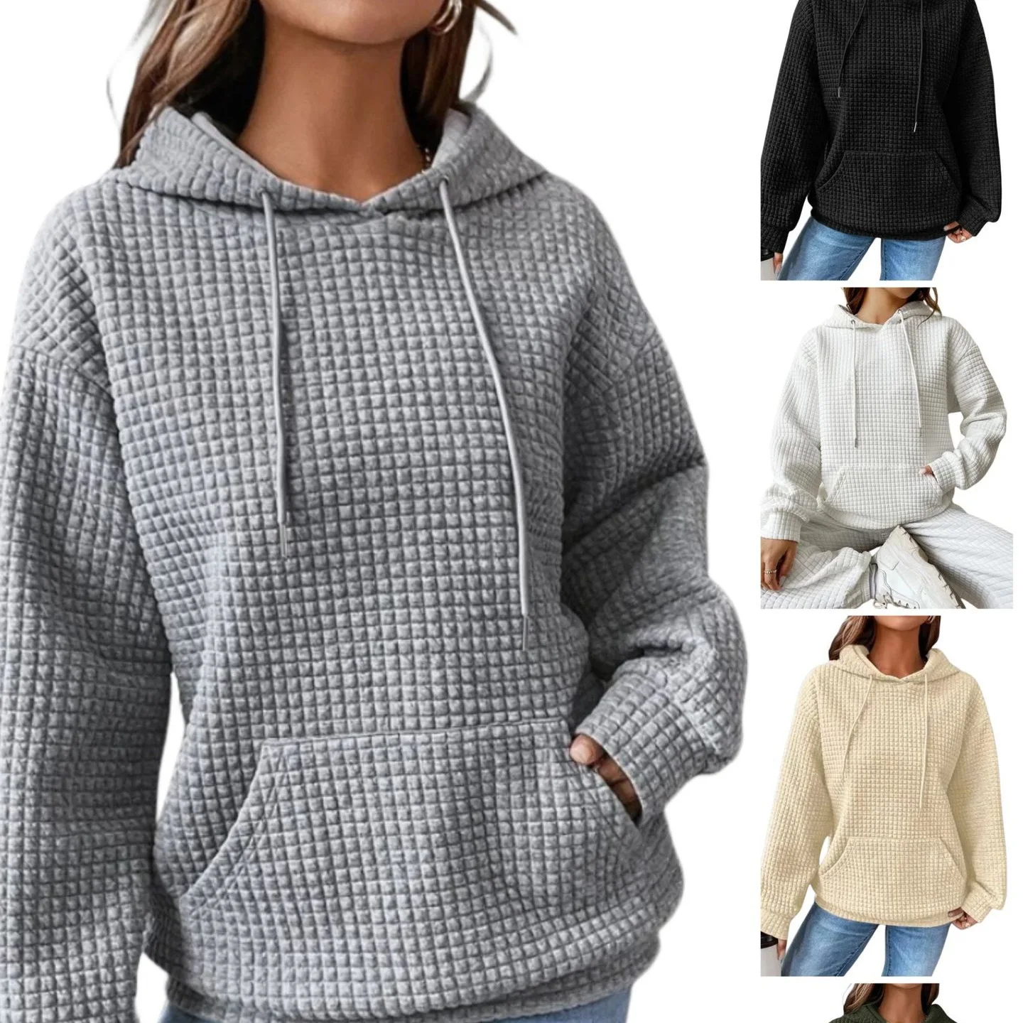 Hoodies women 2026 casual autumn Spring waffle plaid round-neck long-sleeved sweatshirt solid color women's clothing