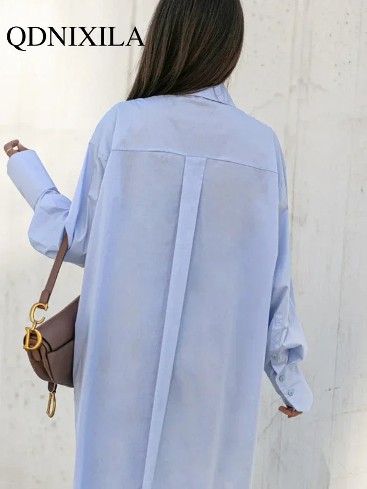 Spring Autumn Women Oversized Shirts and Blouses Turn Down Collar Shirt Long Sleeve Elegant Casual Blue Loose White Vintage Tops