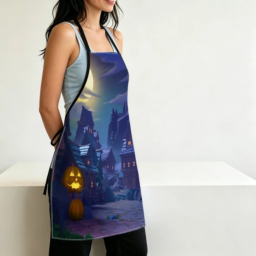 Halloween Gothic Style Apron Haunted Village Moon Print Kitchen Aprons Cooking Baking Protection Adjustable Bibs