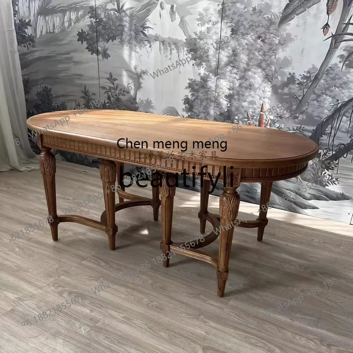 M178 French retro solid wood home oval dining table American country old Roman column villa living room