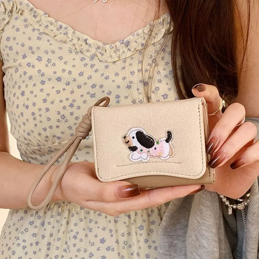 

Анти-потерянный короткий кошелек из искусственной кожи с милым щенком и вышивкой, складной кошелек в корейском стиле, кошелек для монет, держатель для карт для девочек