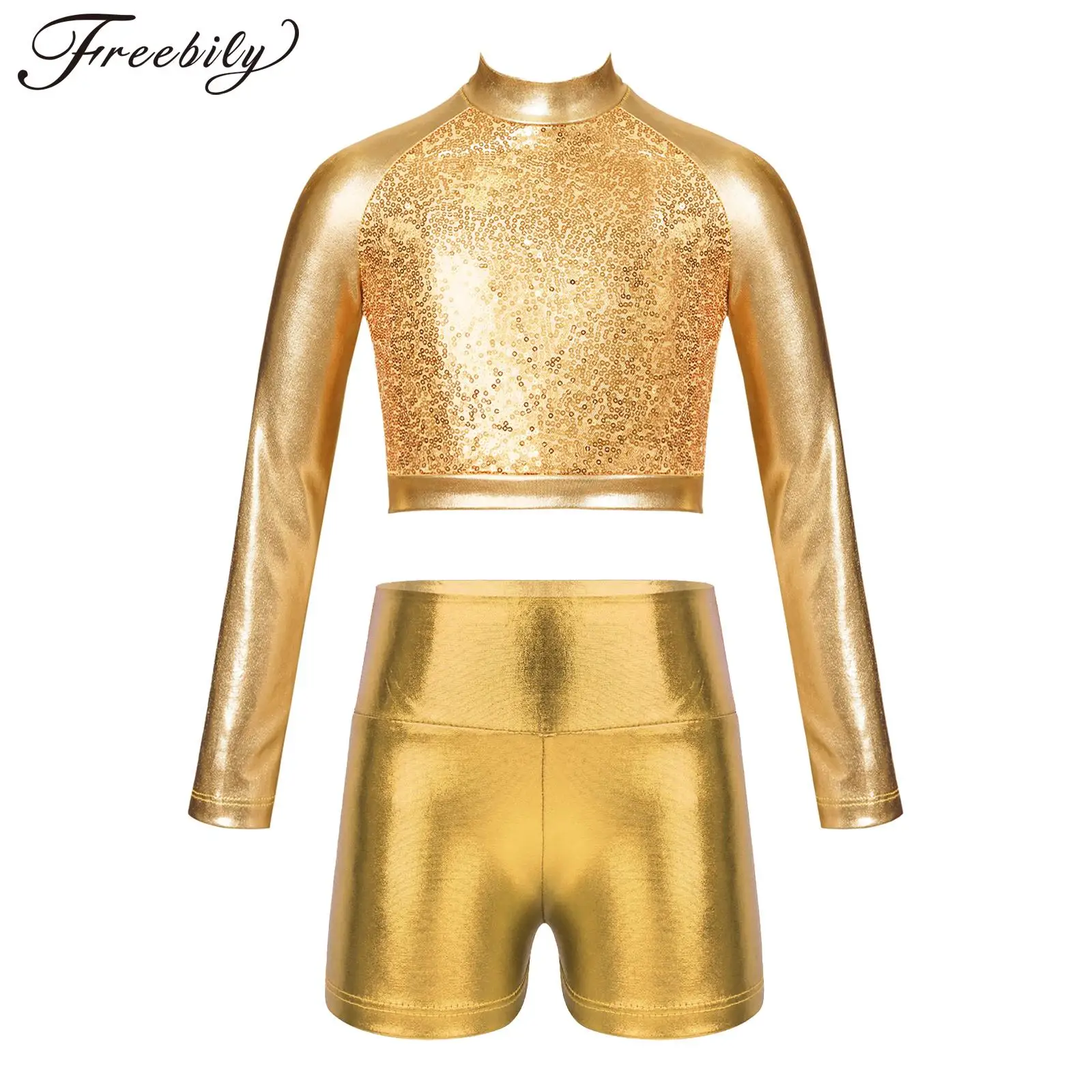 

Kids Girls Hip Hop Jazz Dance Costume Metallic Long Sleeve Sequin Crop Top with Shorts Break Street Dancing Performance Outfit