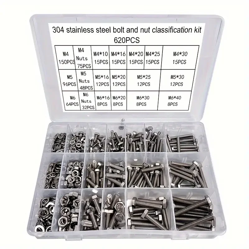 176/620pcs304 Stainless Steel M4/M5/M6/M8/M10 Heavy Duty Hex Bolts and Nuts Combination Kit Flat Washer Spring Washer