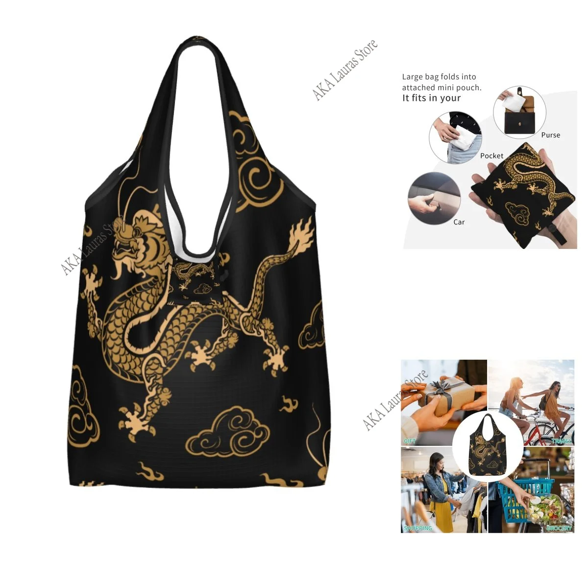 Shopping Bags Women Portable Dragon Snapback Big Capacity Grocery Shopper Tote Bags