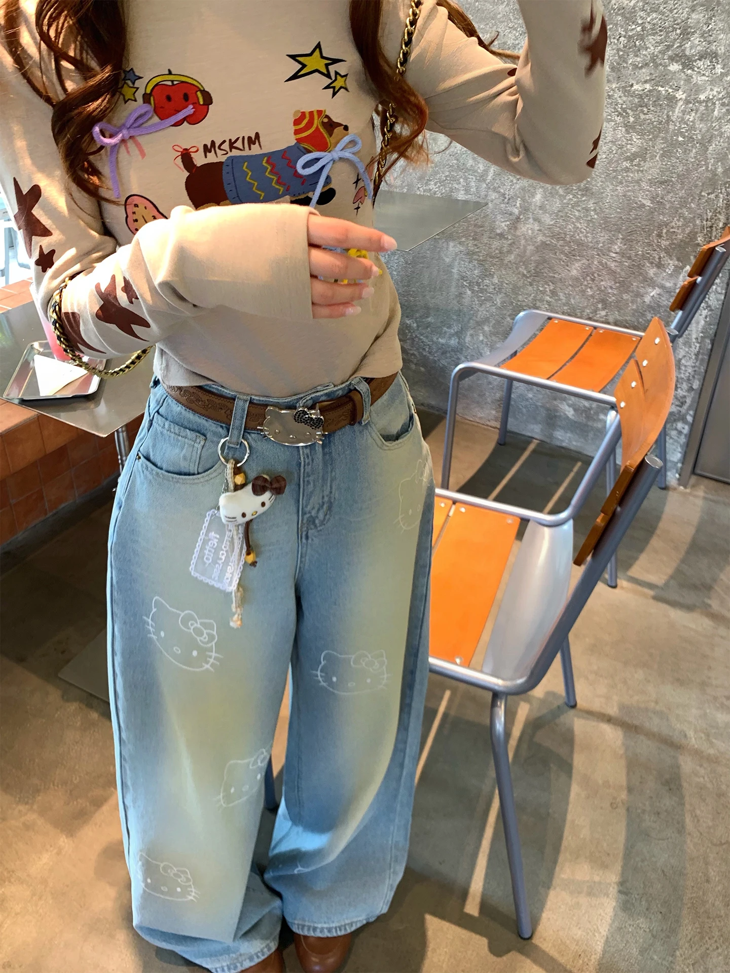 

Джинсы женские Ele Kit Head Design свободного кроя, светло-голубые, с принтом, длинные брюки, струящиеся, с заниженной талией, из денима