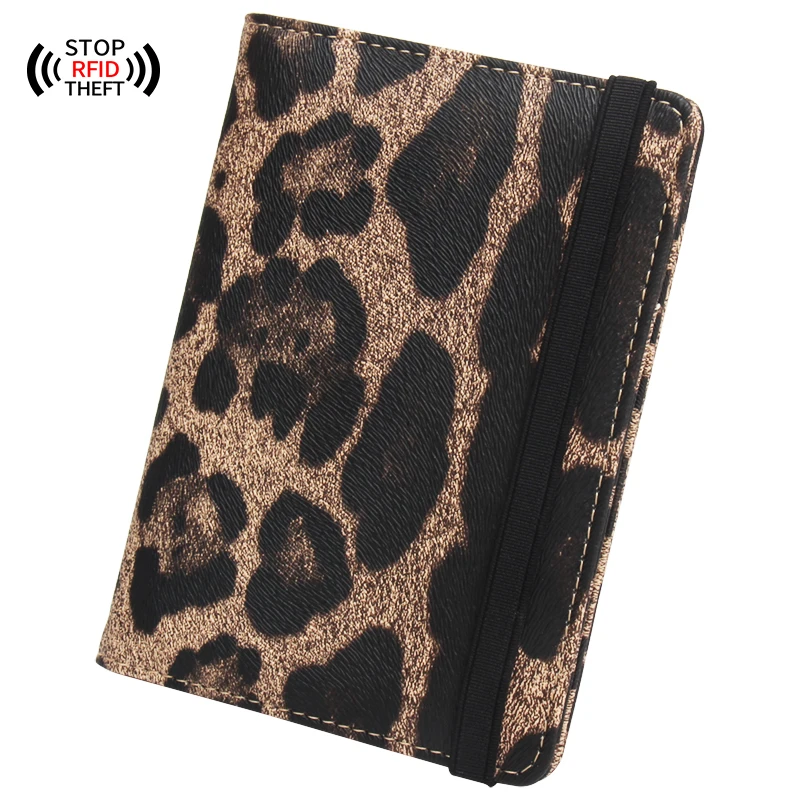 Leopard pu Leather Passport Cover Travel with bandage Bag Passport Case Built in RFID Blocking Protect personal information