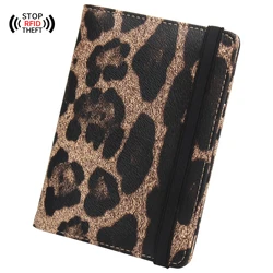 Funda de pasaporte de cuero pu de leopardo, funda de viaje con bolsa de vendaje, bloqueo RFID incorporado, protege la información personal