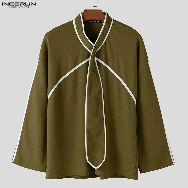 

Мужская рубашка INCERUN, свободного кроя, с длинным рукавом, в стиле пэчворк, повседневная, с галстуком, весна 2026, модная, для отдыха, мужские топы, рубашки, размеры S-5XL