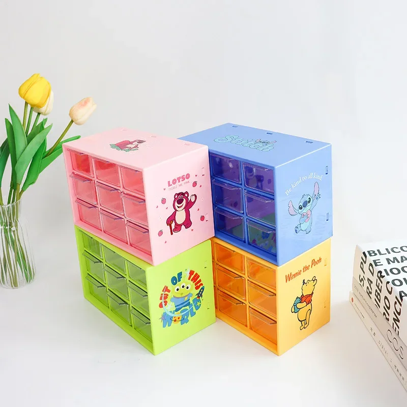 Disney Strawberry Bear Stitch Winnie Bear Nine-square Grid Storage Box Drawer Desktop Jewelry Storage Box