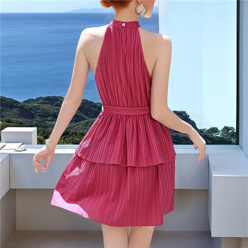 Asds-vestidos femininos de verão 2025, halter, sem mangas, babado, em camadas, chiffon, plissado, linha, mini vestido de balanço