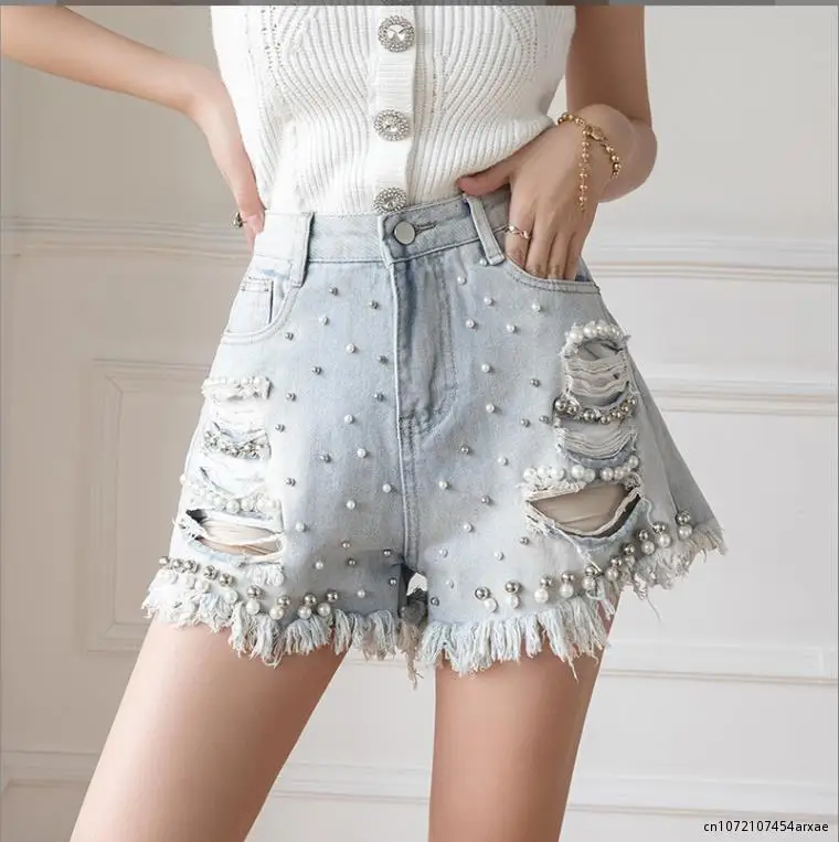 Summer Shorts Heavy Industry Jeans New Solid Color High Waist Beading Hole Button Pocket Raw Edge Hot Pants Female Clothing