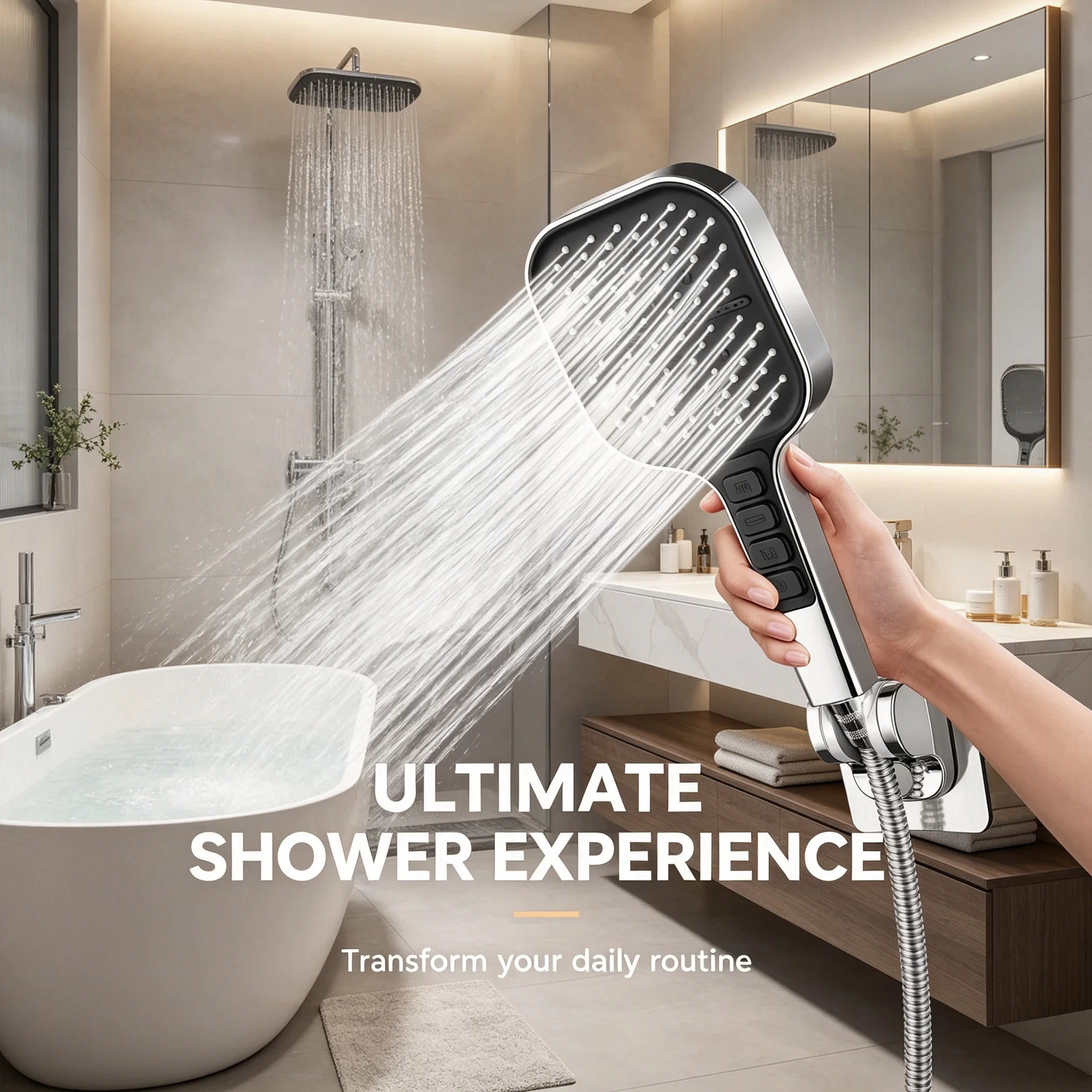 Matte Black Square Handheld Shower Head with 7 Spray Modes One-Button Stop High Pressure Boost Anti-Block for Home Shower
