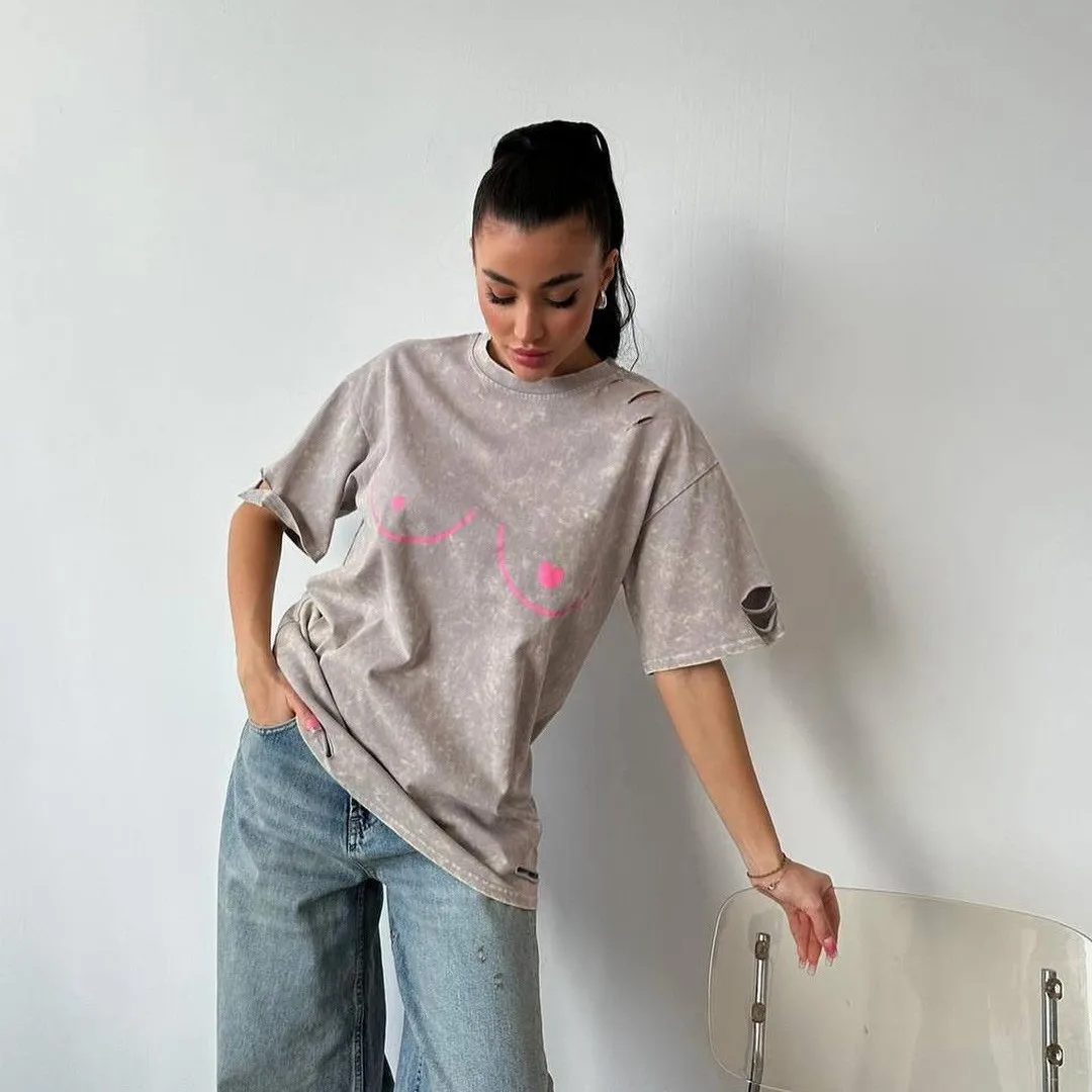 Printed Loose Fit Top Streetwear with Regular Length Washed Finish Pullover T Shirt Washed Distressed Short Sleeve for Women
