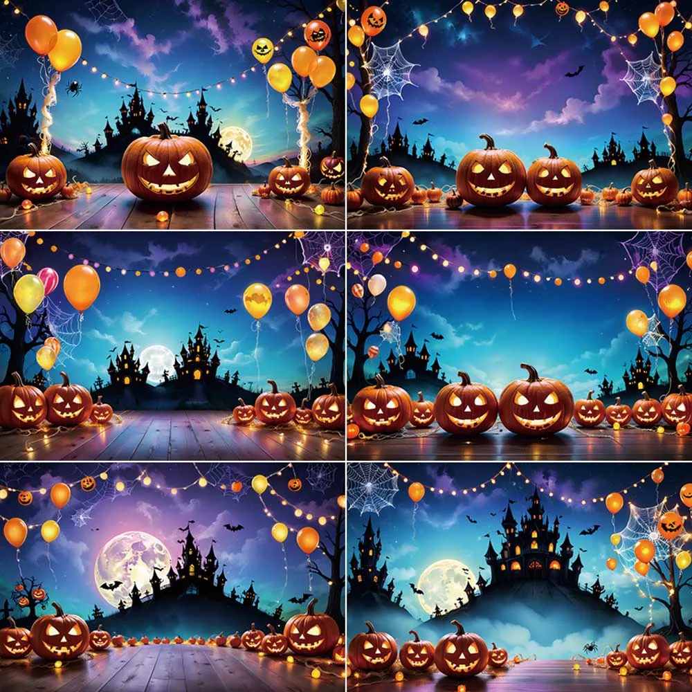 

MOON.QG Pumpkin Neon Halloween Photography Backdrops Children Moon Night Sky Photozone Backgrounds Photo Studio Shooting Props