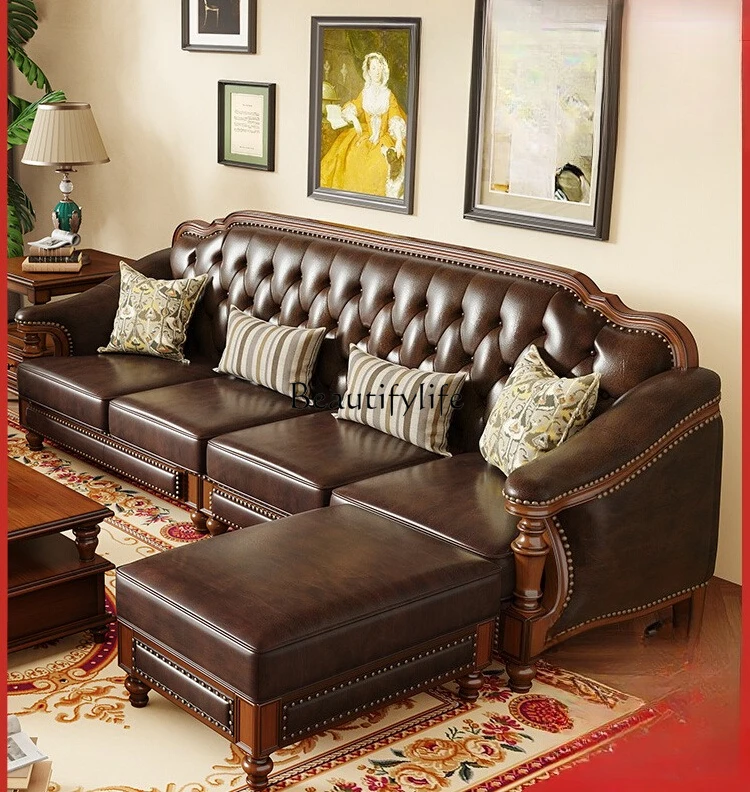 

jj *American retro solid wood leather sofa first layer cowhide light luxury simple and beautiful country style