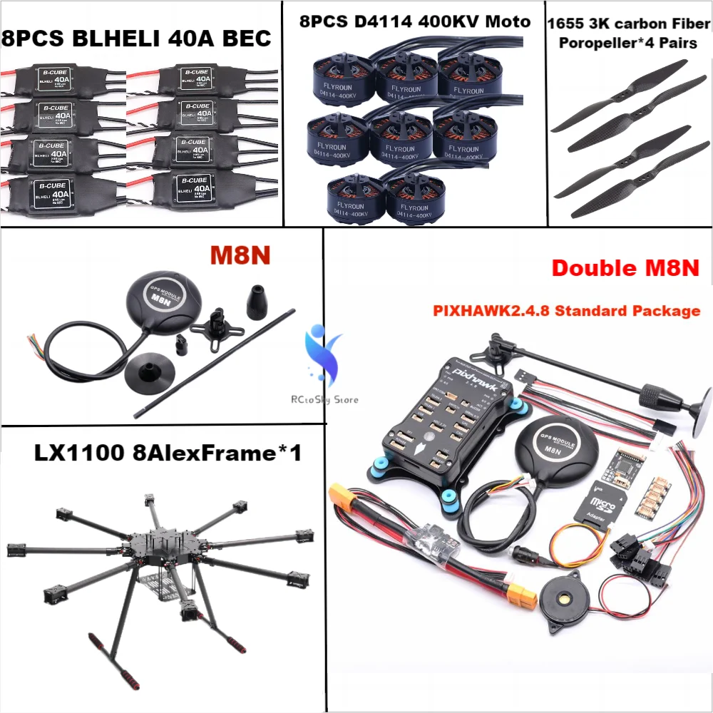 Rama Octa-Rotor LX1100 z włókna węglowego, 1100 mm, ESC BLHELI 40A, kontroler lotu PX4 Pixhawk 2.4.8, podwójne mocowanie M8N, zestaw silników D4114, RC