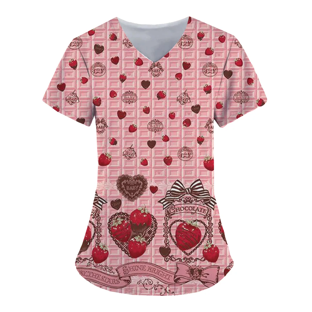 Women's Nurse Uniform Strawberry 3D Printed Top V Neck Pocket Medical Uniform Nursing Surgical Gown Top Work Clothes