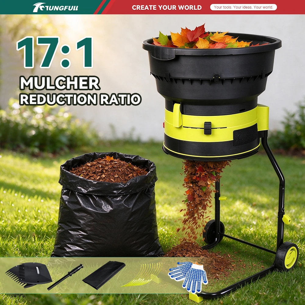 TUNGFULL Leaf Mulcher Electric Shredder Large Feed Hopper Adjustable Output Portable Wheels for Patio Fall Cleanup