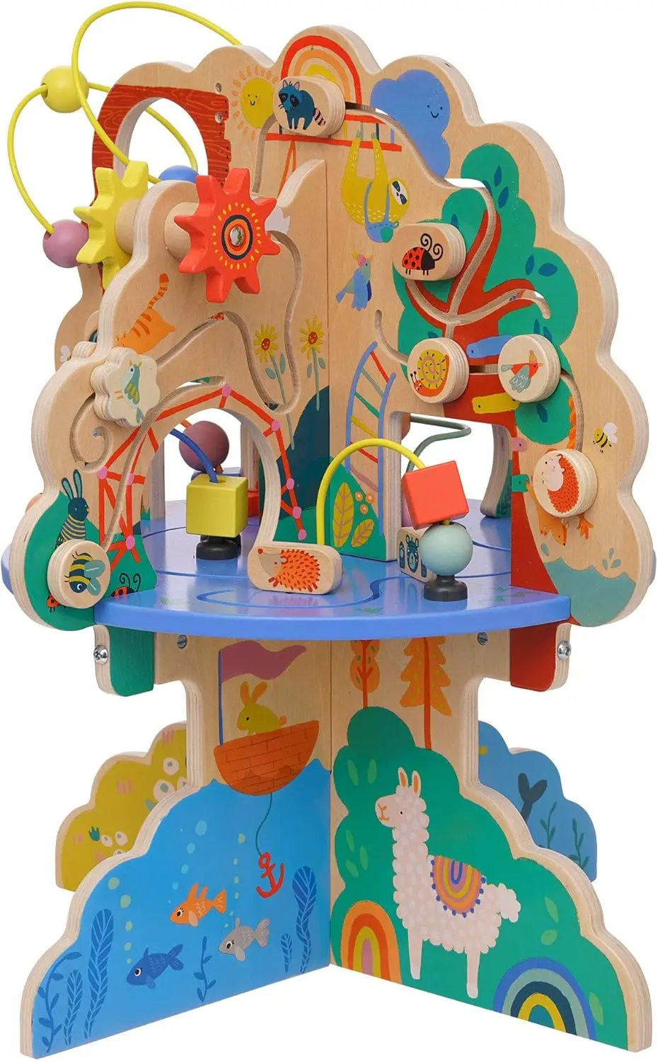 Toy Playground Adventure Wooden Toddler Activity Center with Gliders, Abacus Track, Spinners, Spring Toys and Bead Runs