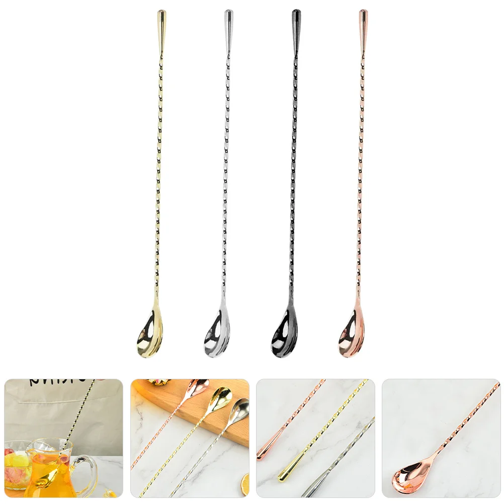 

4Pcs Stainless Steel Cocktail Mixing Spoon Long Handle Stirring Spoon Coffee Bar Tool Multi-Function Beverage Stirrer
