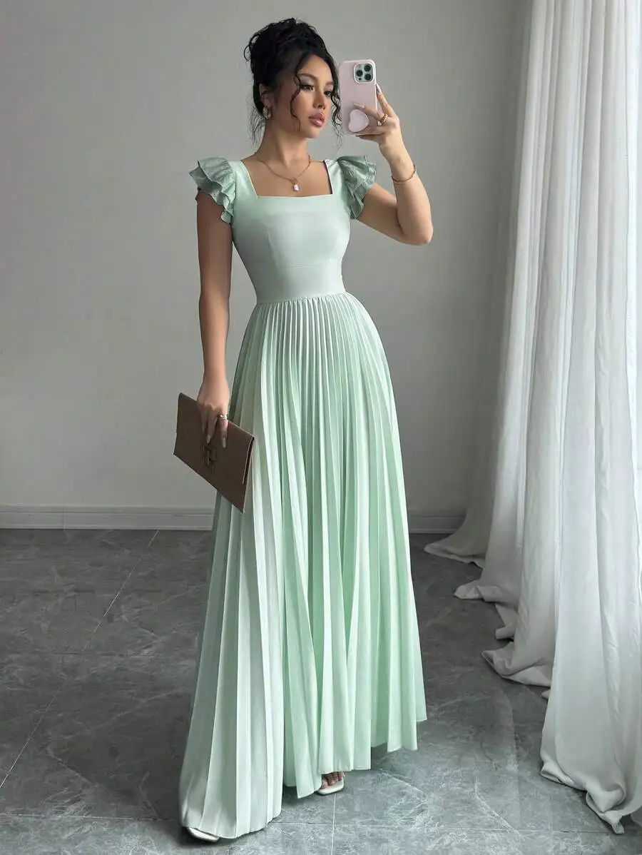 

Women's Mint Green Square Neck Ruffled Sleeve Pleated Maxi Dress