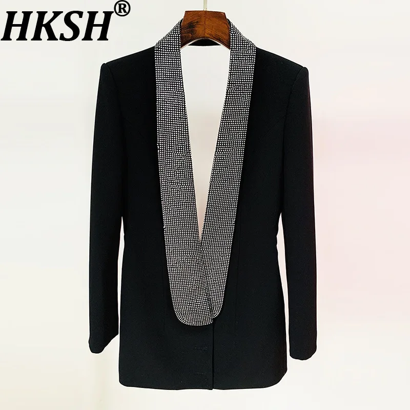 

HKSH летние новые женские американские модные индивидуальные пиджаки с открытой спиной, стильные бриллианты с v-образным вырезом, облегающее пальто средней длины HK8652