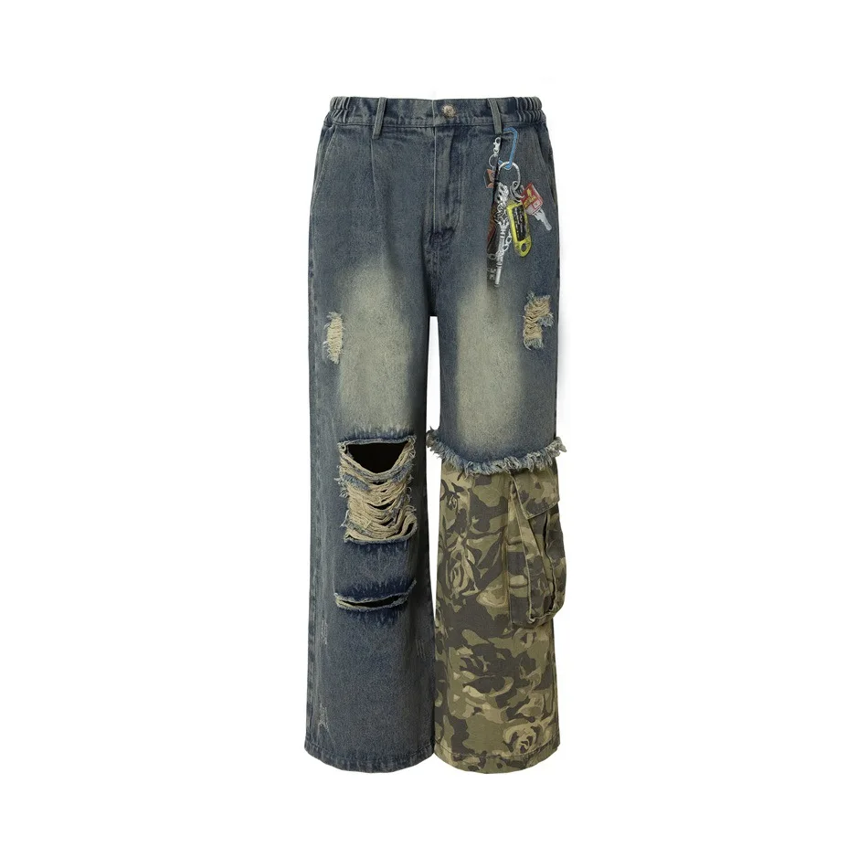 Men's High Street Destroyed Jeans Pants Cargo Jeans With Camouflage Patchwork Streetwear Ripped Loose Fit Vibe Style Denim Pants