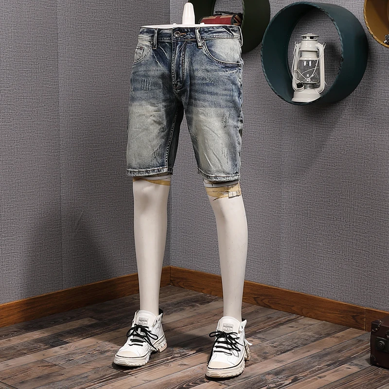 

High Quality Summer Old Scratch Washed Vintage Casual Stretch Denim Shorts for Men Slim Fit Straight Half Jeans Y2k Youth Male