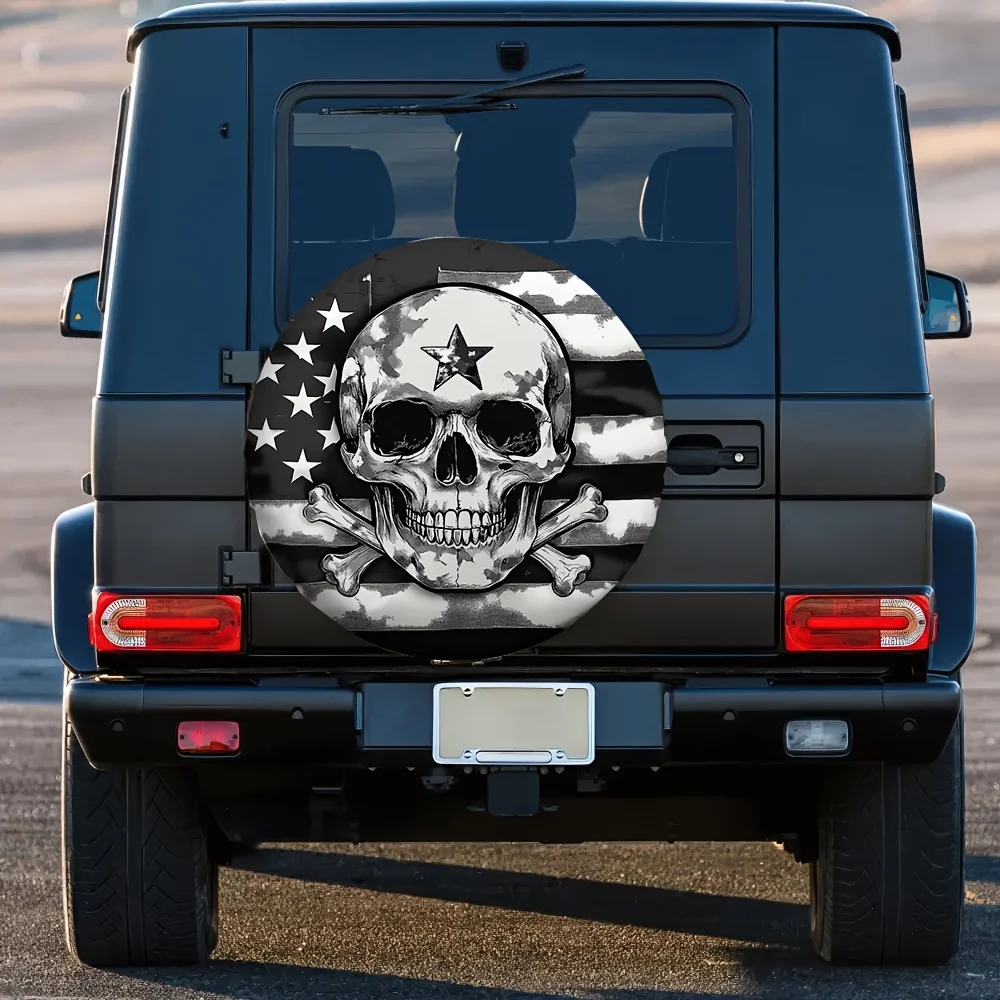 Skull American Flag Tire Cover Durable Polyester Weather Resistant RV Spare Wheel Protector