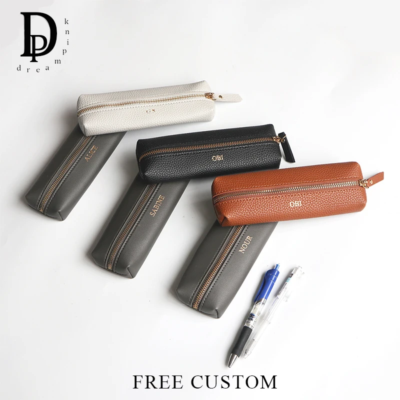 Custom Name Leather Pencil Case Business School Student Zipper Pen Bag Wholesale Cosmetic Bag Storage Bag Personalized Mini Gift