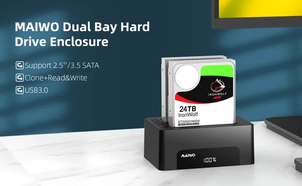MAIWO Dual Bay USB 3.0 zu SATA Externes Festplattengehäuse Klon-Dockingstation für 2,5 Zoll / 3,5 Zoll HDD/SSD SATA-Festplatten-Dock – Detail 1