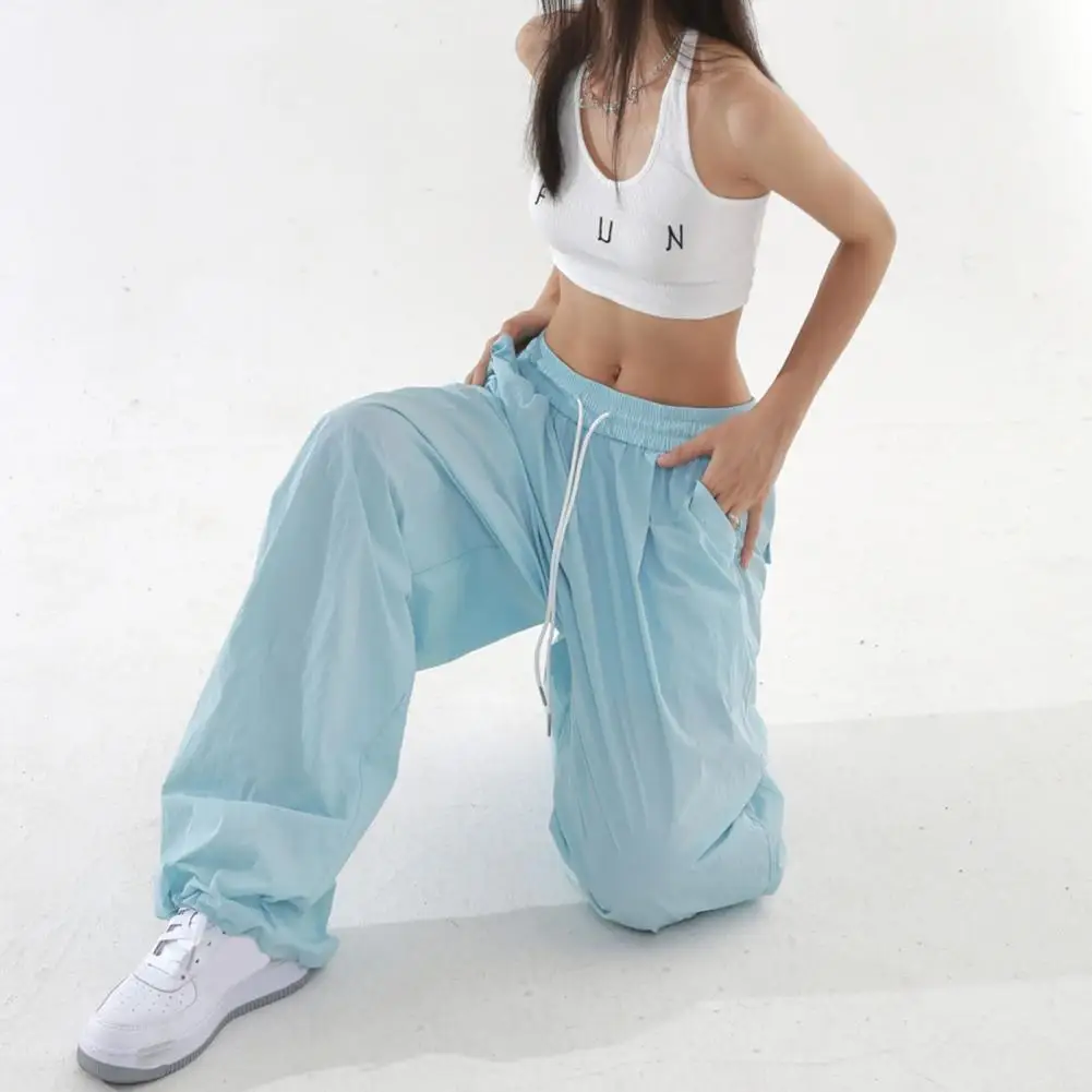 Women Sport Pants Elastic Waist Adjustable Drawstring Wide-leg Sweatpants Solid Color Cargo Long Trousers For Lady