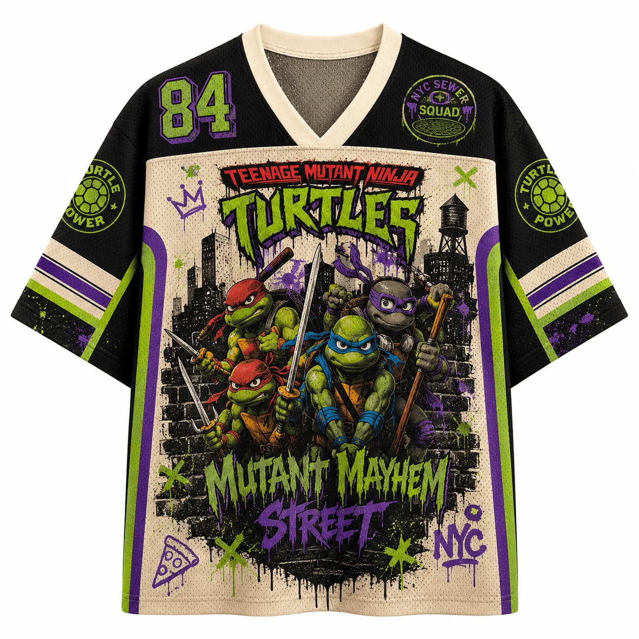 Ninja Turtles Cartoon Anime Mesh V-neck Shirt Unisex Retro Graffiti Character Illustration Classic Anime Summer Loose