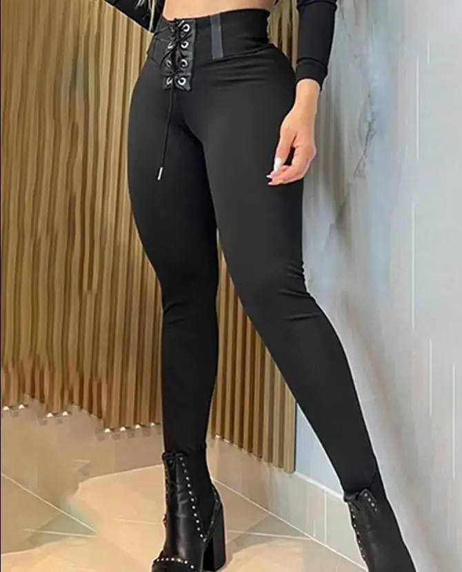 High Waisted Lace Up Small Eye Tight Pants, New Fashion 2023 Best-Selling Women's Clothing