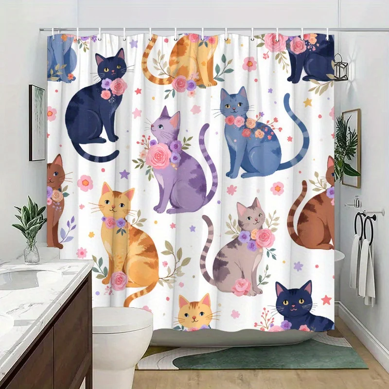 1pc Whimsical Cats & Floral Shower Curtain - Playful Feline Design with Pink Purple Roses Stars, Durable Polyester Fabric, 70.8x