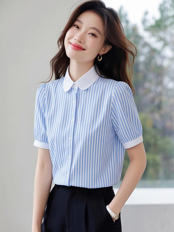 

Blue Striped Short Sleeve Shirt Women's Thin Doll Collar Commute OL Top Ladies' Blouse Polyester Fiber Slim Fit Summer Shirt