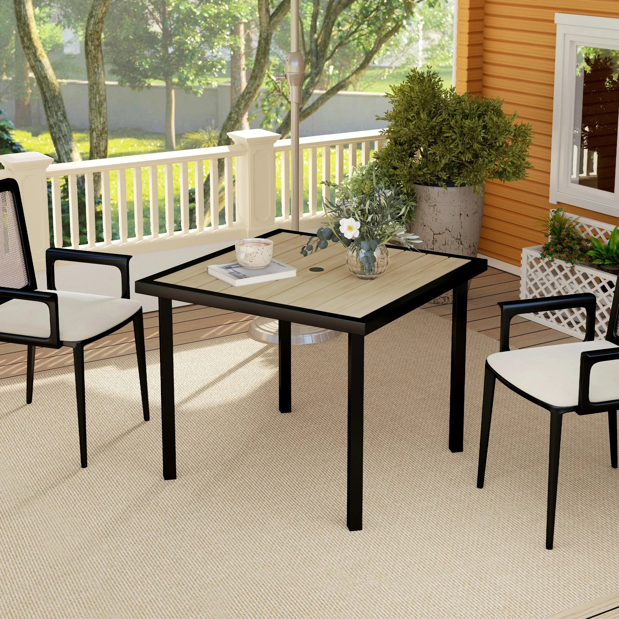 Garden Table for 4 Person, Square 86 x 86 x 71cm Patio Outdoor Dining Table with 5.4cm Parasol Hole