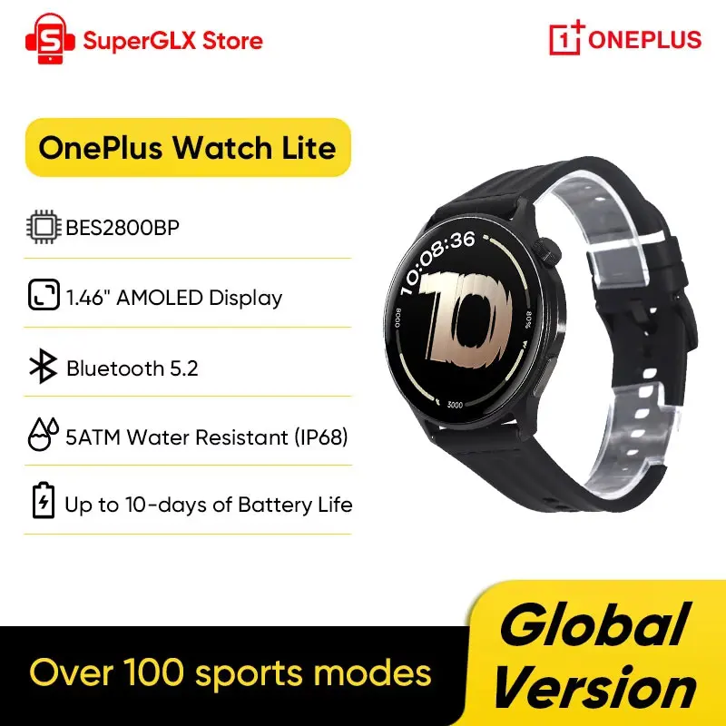 

Global Version OnePlus Watch Lite Smart Watch 1.46'' AMOLED Display Up to 10 days of Battery Life IP68 Water Resistant BT 5.2