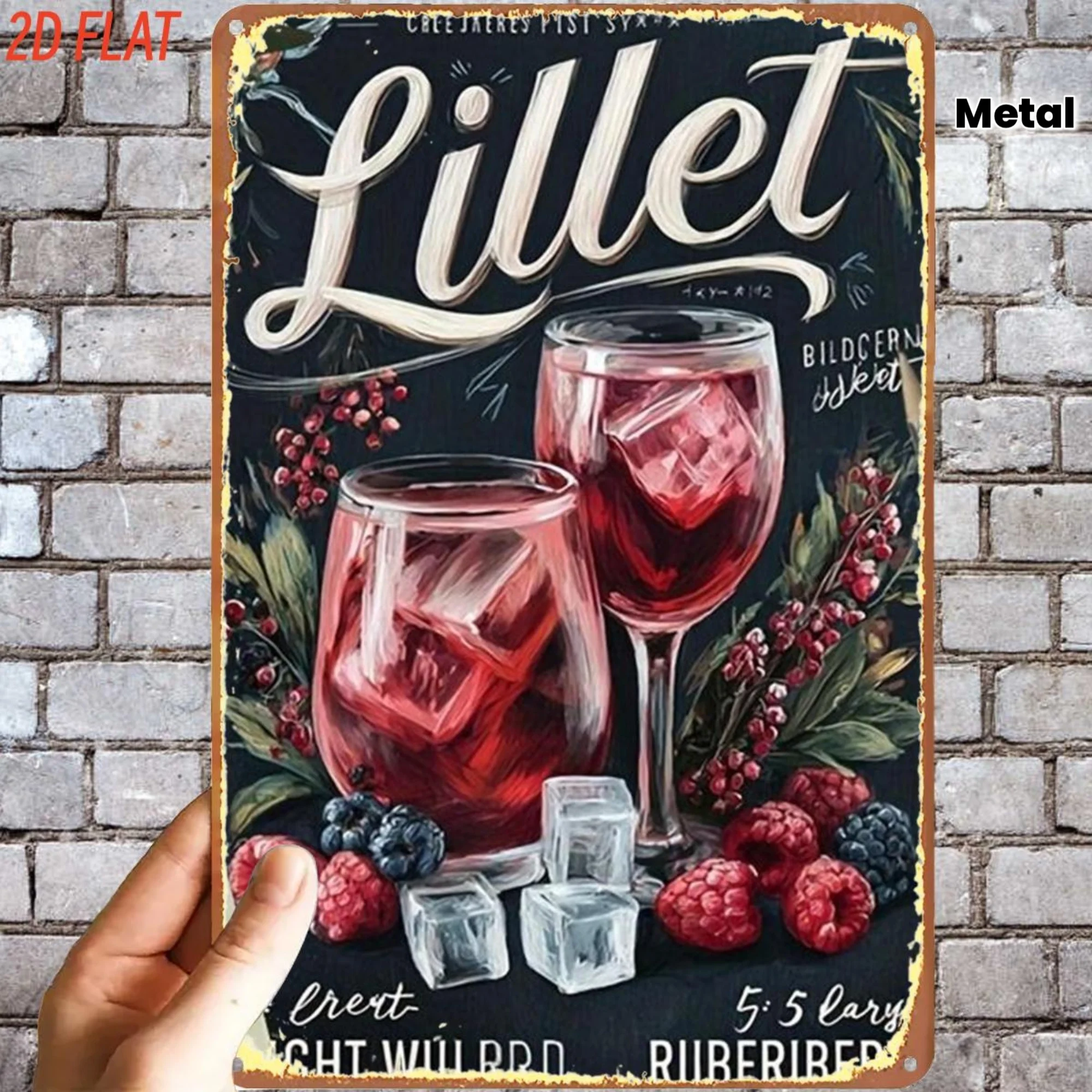 Letrero de hierro retro con diseño de set de cóctel Lillet Berry, preperforado para decoración de interiores, jardín, exteriores, hogar, oficina, baño