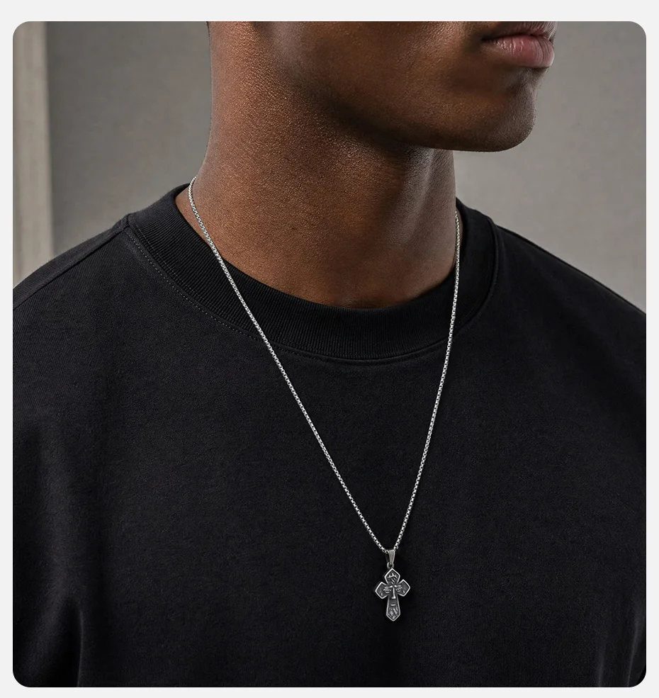 Vnox Jesus-Gesicht-Kreuz-Anhänger-Halskette für Männer, Retro-Religiöse Edelstahl-Box-Ketten-Halsketten, Schmuck, Christliches Geschenk – Detail 2