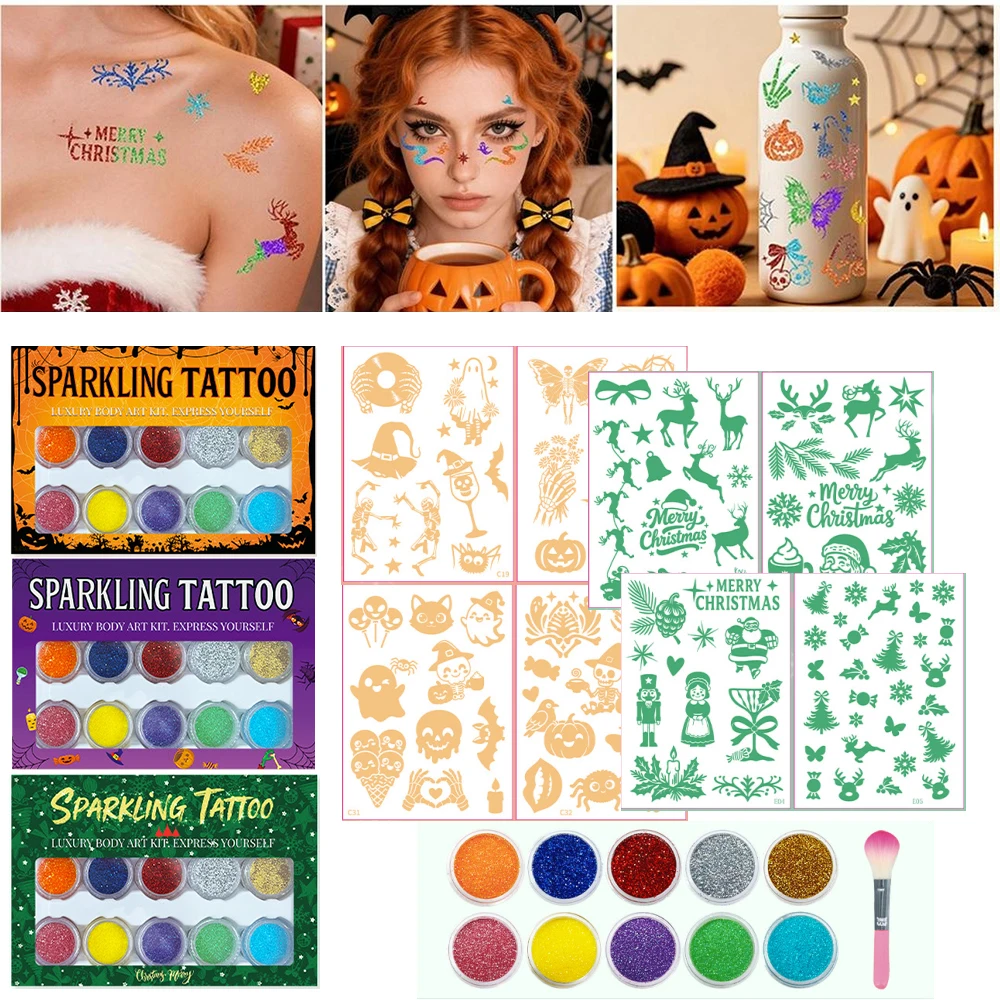 10Color DIY Glitter Tattoo Stickers 6 Sheets Halloween Christmas Tattoo Kit Temporary Sparkling Body Art Set Party Makeup Glitte