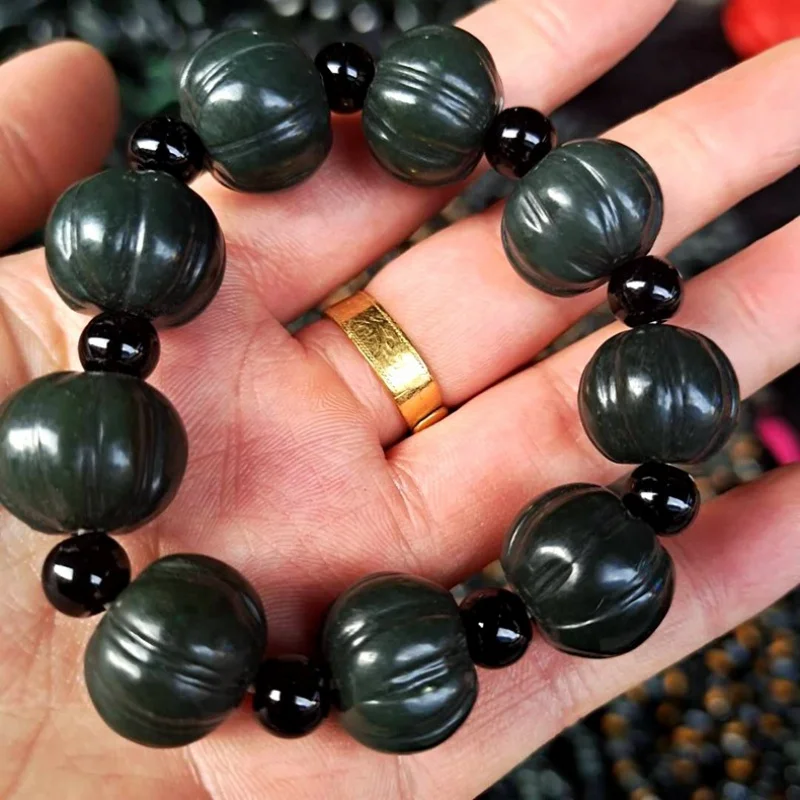 

Factory Price Supply Xinjiang Hetian Jade Gray Jade Pumpkin Beads Bracelet Jade Bracelet