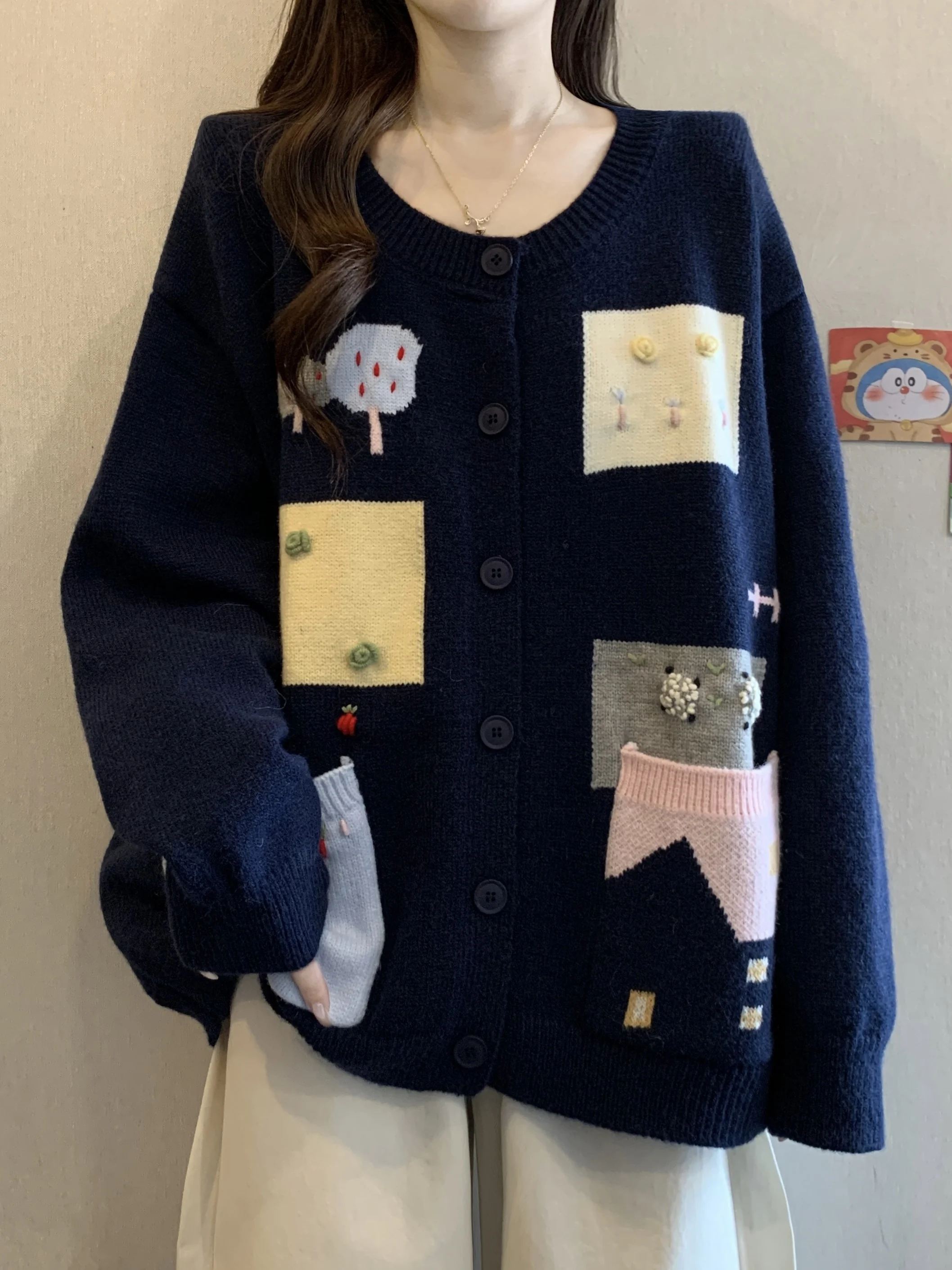 

Кобальтово-синий 3D цветок длинный светящийся вязаный свитер пальто женский осенне-зимний большой размер корейский антивозрастной открытый кардиган