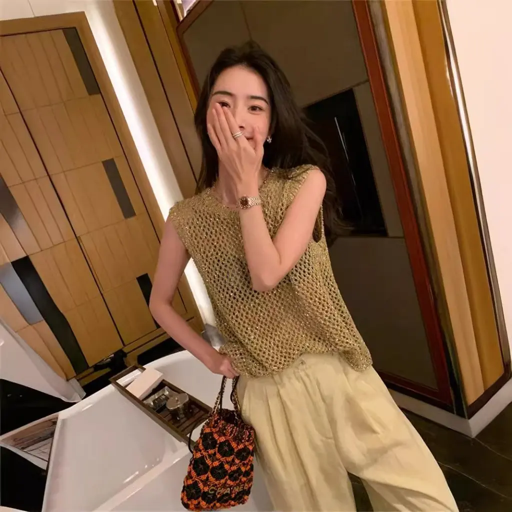 

Lickysenior2025 Women's Golden Linen Vest Autumn Casual Cut out Top Fashionable Niche Design for Seasonal Wear